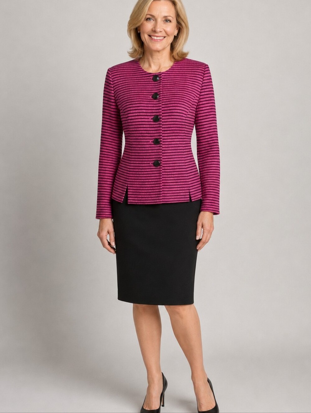Leslie Fay 2-Piece Dress & Jacket Set Pink & Black Stripe 10 Petite